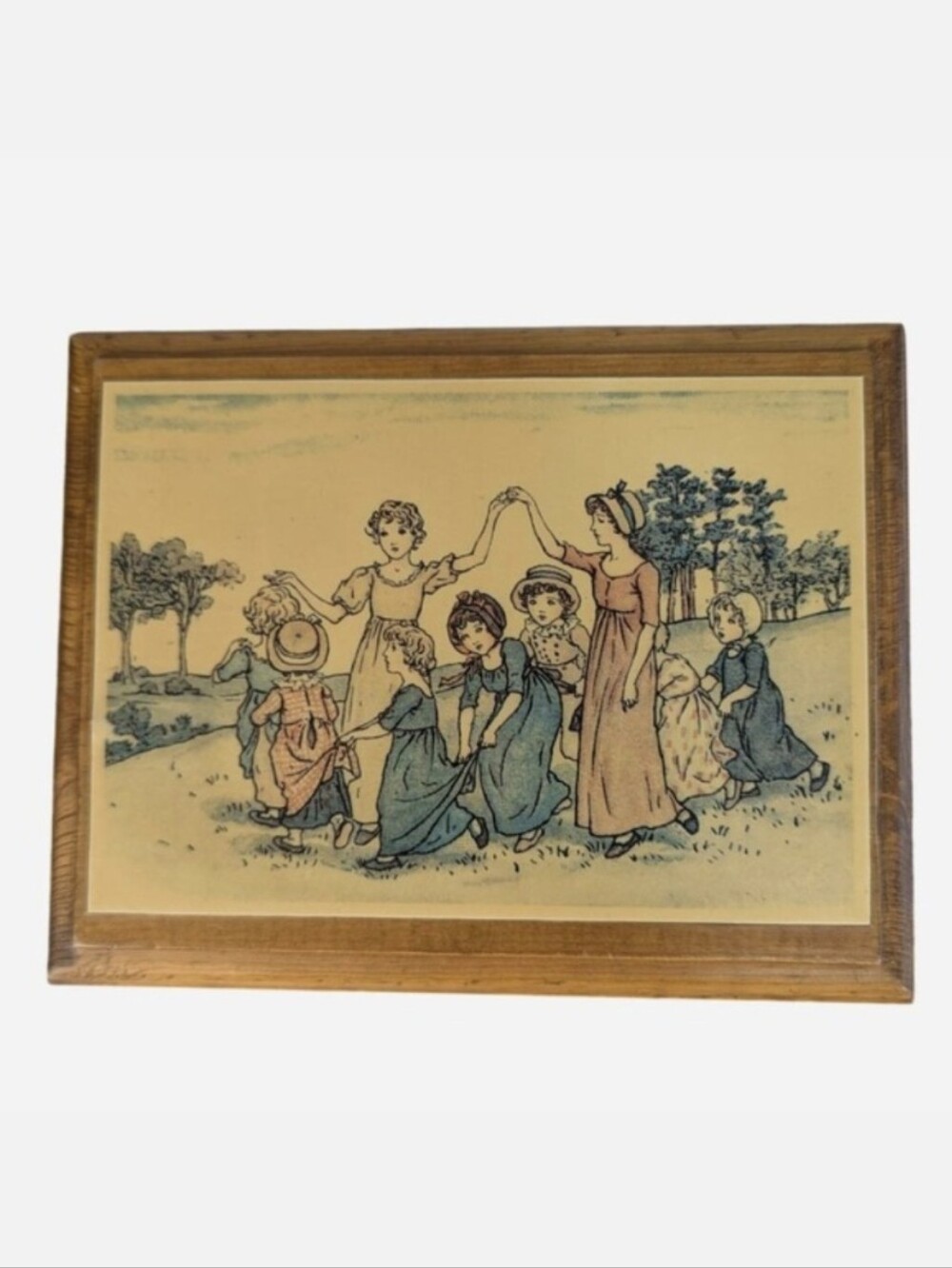 Vintage Wood Framed Print Children Circle Dance 7x5.5